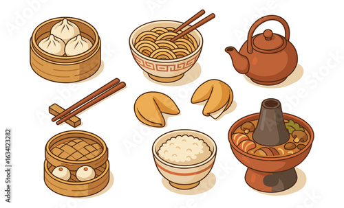 Flat isometric asian cuisine icons featuring dumplings, noodles, and teapot