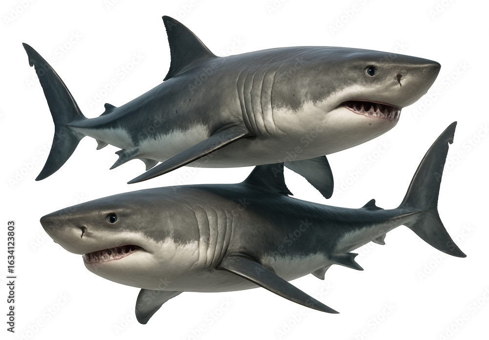 Fototapeta premium Two detailed great white sharks swimming together on transparent background.