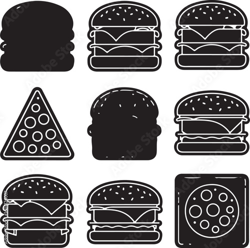 Black and white food icons hamburger pizza