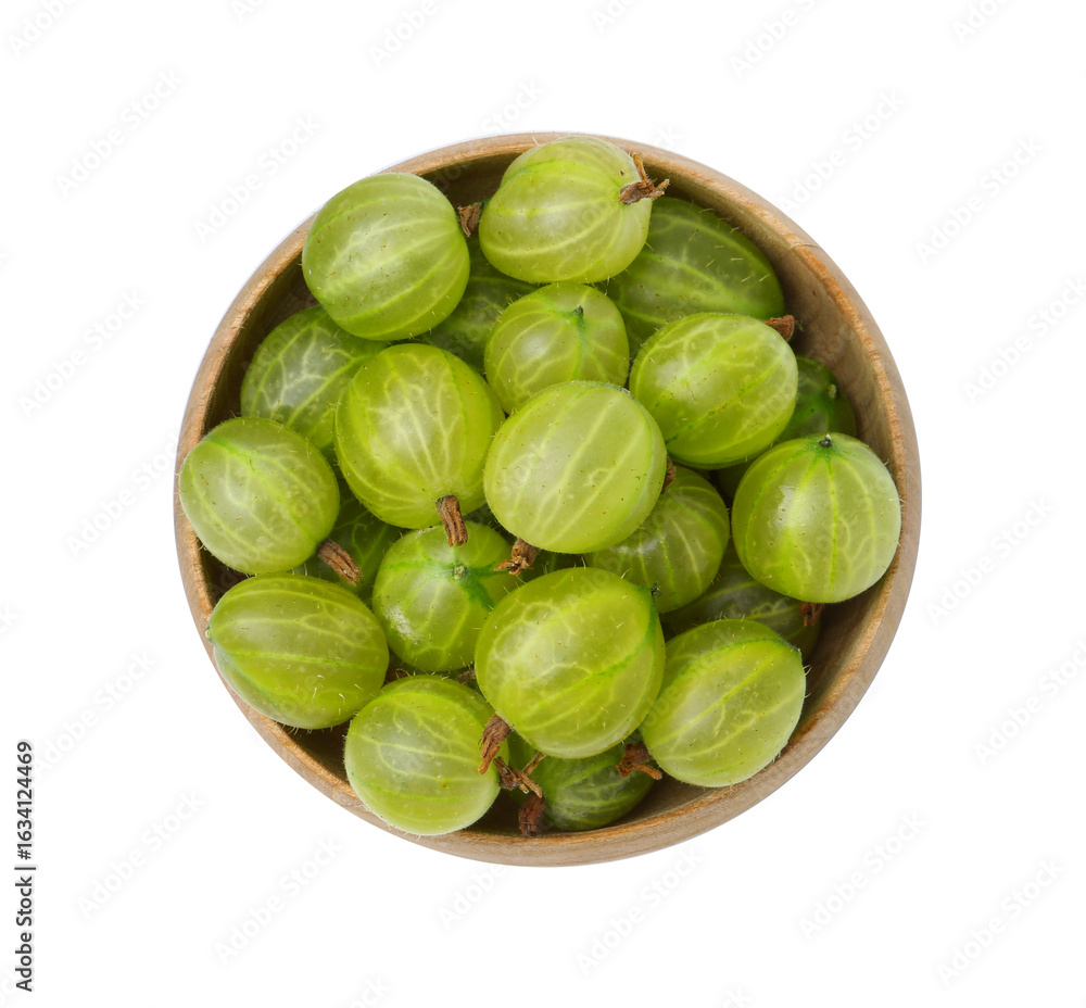 Fresh green gooseberries in bowl isolated on white, top view Fresh green gooseberries in bowl isolated on white, top view