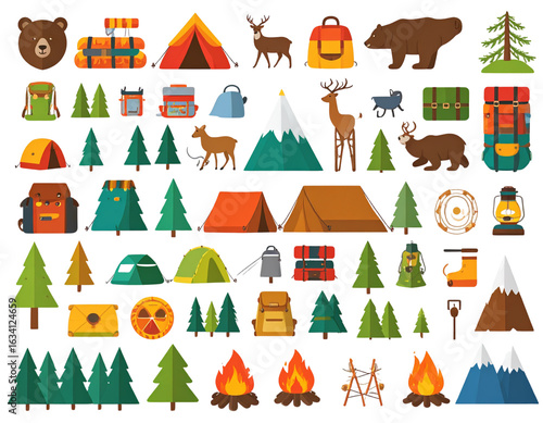  Set of Camping and Wildlife Icons in Flat Design, isolated on a transparent background PNG