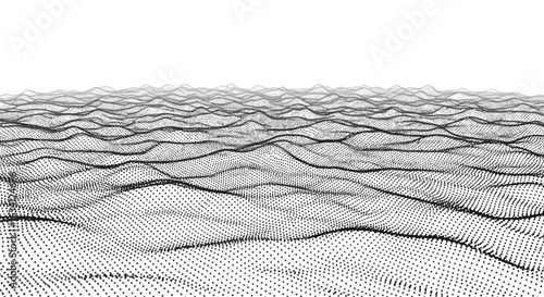 Abstract digital landscape of flowing particles creating a wavy terrain surface