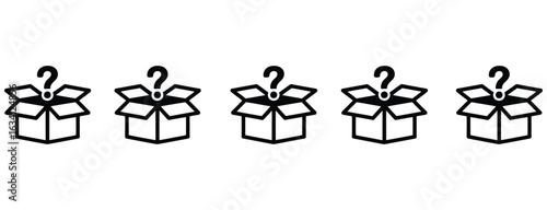 Five open boxes with question marks above them symbolizing mystery and surprise