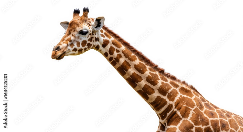 Naklejka premium Close up of a giraffes head and neck isolated on white background
