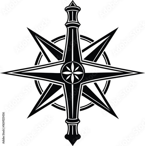 Ornate black compass rose with starburst points and central floral motif navigational symbol