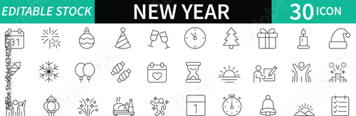 line vector icons for christmas and new year featuring tree, fireworks, gifts, wishes, resolution, friends, party, symbols, Santa, celebration, winter and festive elements. editable strokeble stroke.