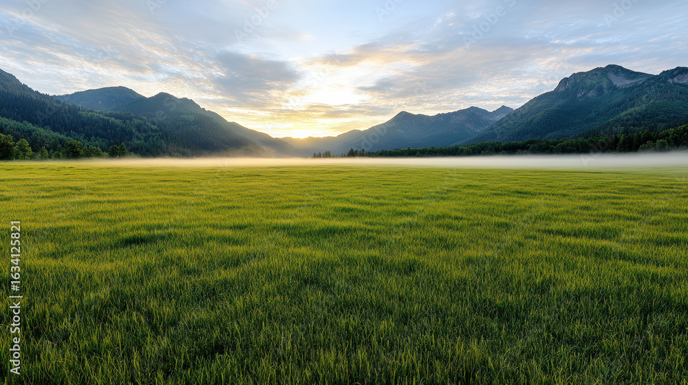 Fototapeta premium Lush green field stretches twilight sky, with mist rolling from mountains, creating serene