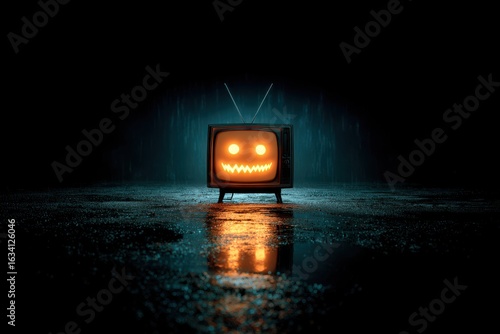Halloween-themed vintage TV with spooky face glowing in darkness