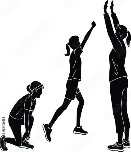 Silhouettes of girls in athletic wear preparing for and participating in sports fitness training