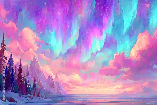 Vibrant aurora borealis over a winter landscape
