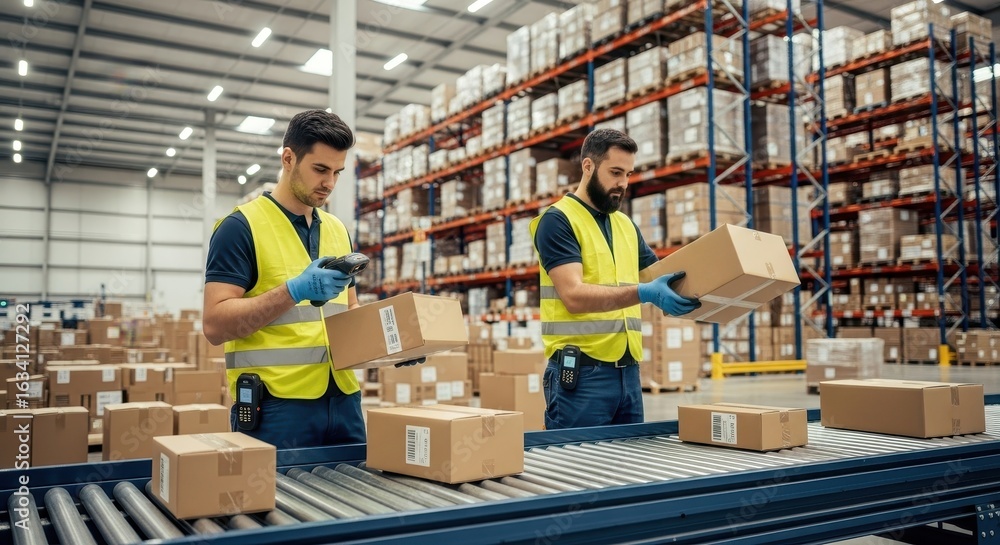 Fototapeta premium Warehouse workers in safety vests scanning and sorting packages on a conveyor belt system
