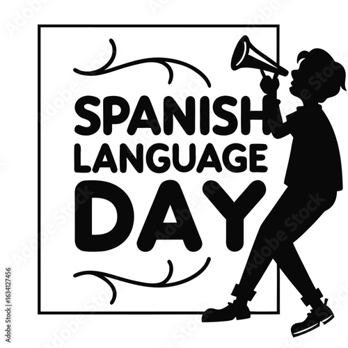 Black silhouette of person holding megaphone announcing Spanish Language Day celebration announcement