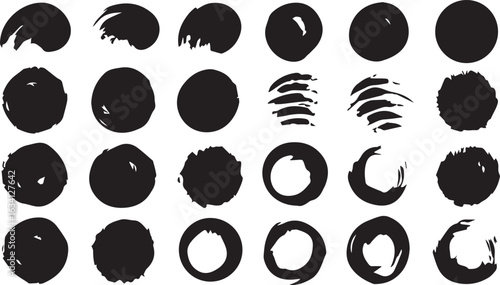 Brushstrokes: A collection of black brushstrokes, each conveying a unique sense of texture, from bold strokes to detailed circles. Perfect for adding a touch of artistic flair to your designs.
