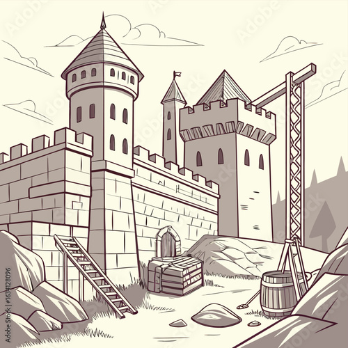 Medieval castle construction with towers battlements crane and building materials vector