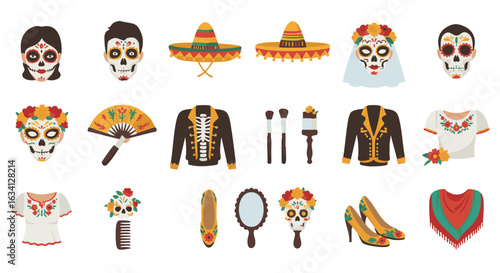 Costumes and face decorations flat icon set Day of the Dead style