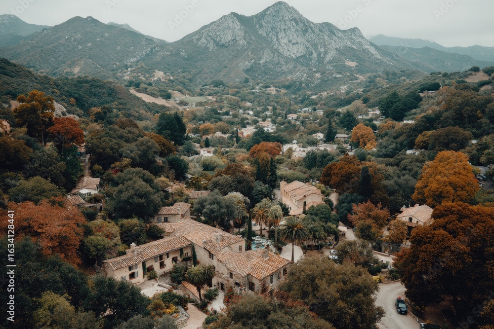 Fototapeta premium Autumnal mountain valley town