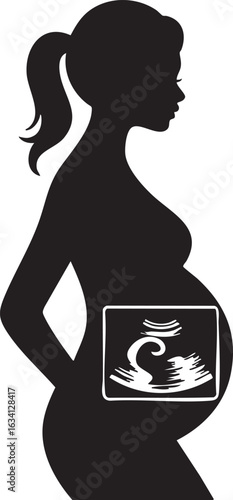 Pregnant Woman Silhouette with Ultrasound Image, Expecting Mother, Baby Scan, Vector