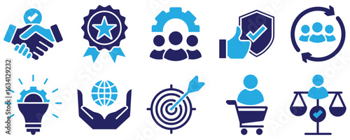 A professional icon set highlighting business values such as reliability, inclusion, passion, and teamwork. Clean vector graphics for corporate design and marketing.