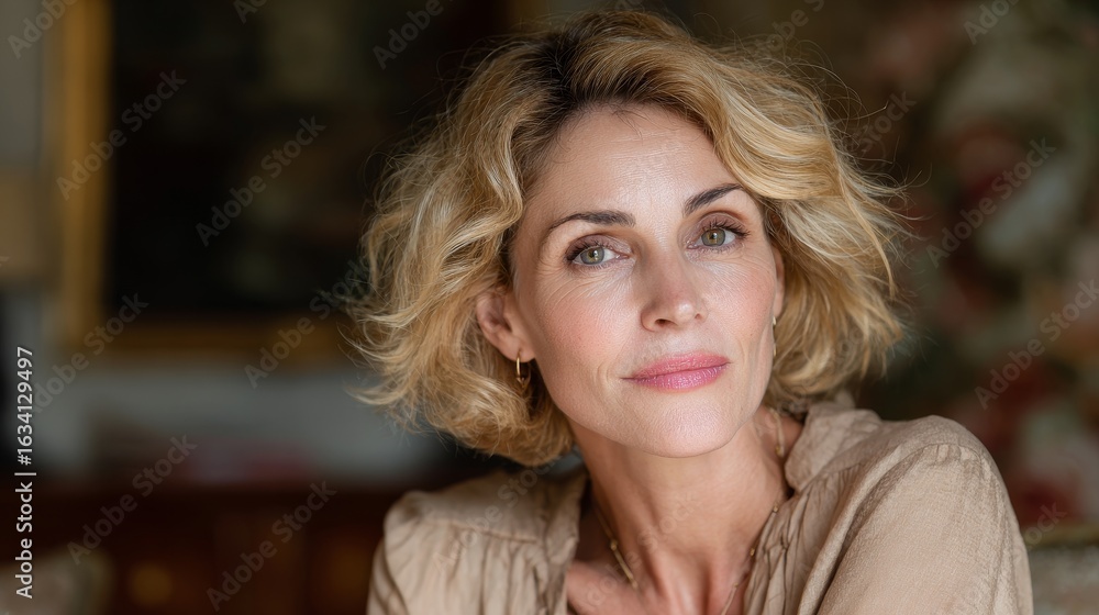 custom made wallpaper toronto digitalportrait of French woman 45 years old in beige blouse at living room, closeup