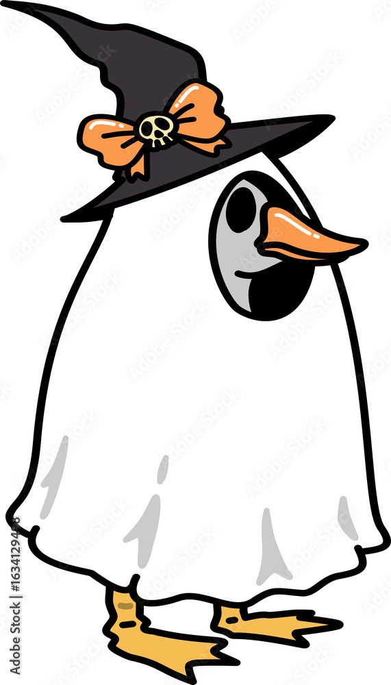 Fototapeta premium Retro Groovy Cartoon Goose Ghost Costume with Witch Hat