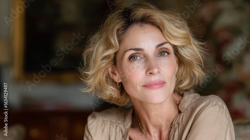 Wallpaper Mural portrait of French woman 45 years old in beige blouse at living room, closeup Torontodigital.ca