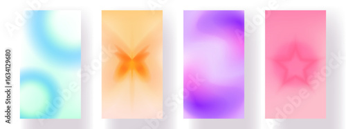 Set of dreamy gradient backgrounds with soft glowing shapes, butterfly, star, abstract circle blur, and blurred color gradations. Social media cover templates, vector illustrations for banner, poster.