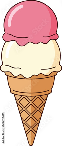 Classic Two-Scoop Ice Cream Cone Illustration. Pink and Vanilla Flavors, Sweet Summer Dessert.