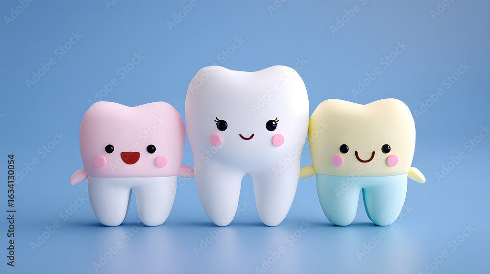 Obraz premium Teeth cartoon kawaii characters, baby tooth with smile 3d render icons set. Dental hygiene and care, oral health. Happy healthy dents for children dentistry clinic on blue background. 3D Illustration
