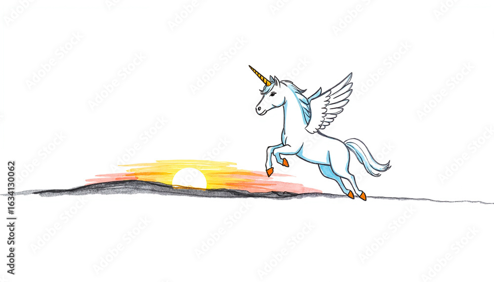 Fototapeta premium Unicorn with wings jumping over sunset landscape