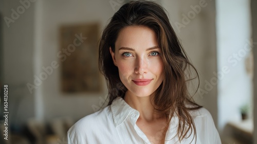 portrait of elegant caucasian brunette woman 35 years old in white shirt at light living room, woman's day Free Download portrait of elegant caucasian brunette woman 35 years old in white shirt at light living room, woman's day - GFXLoad