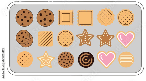 Assorted Cookies and Biscuits on Baking Tray. Flat Vector Illustration of Various Sweet Dessert Shapes for Bakery and Holidays.