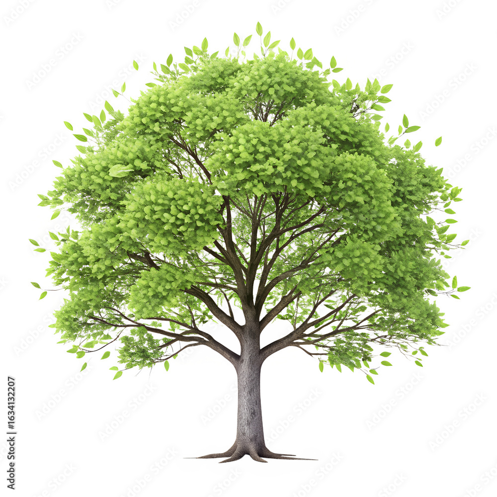 Obraz premium A vibrant green tree isolated on transparent background, its branches full of lush foliage and healthy leaves