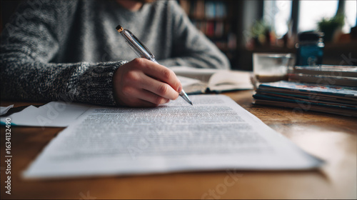 Technical writer reviewing and editing printed manual at home office desk with focused concentration

