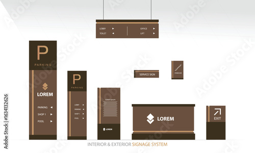 Wayfinding system 3D signage mockup set Direction signs Exterior and interior way finding design.