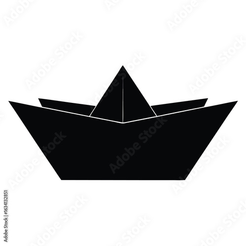 Simple black and white logo of a paper boat, conveying themes of childhood and playfulness