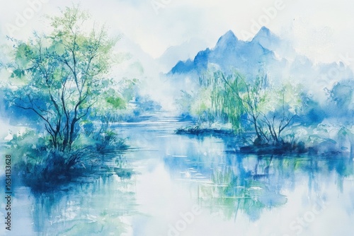vibrant image of river zen trees watercolor abstract