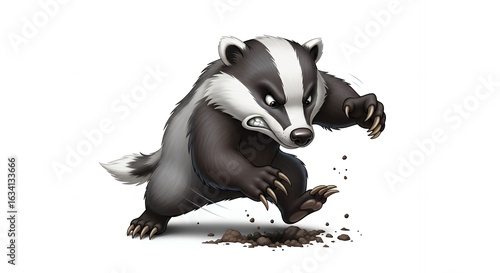 Furious Cartoon Badger Digging with Claws and Flying Dirt