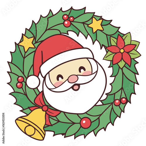 Santa Claus head appears within a festive wreath with holiday accents in this image