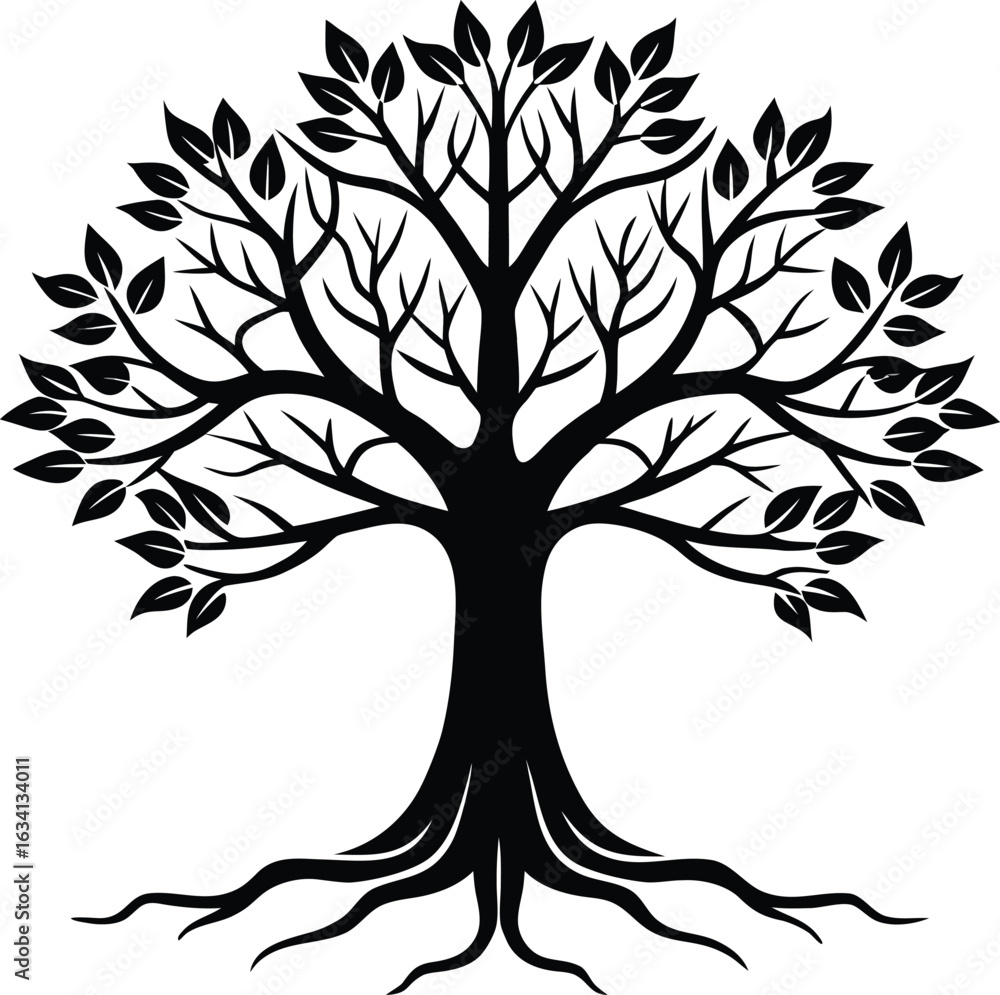 Obraz premium Tree silhouette vector. Tree with roots. Tree logo, icon vector illustration.. black and white tree.