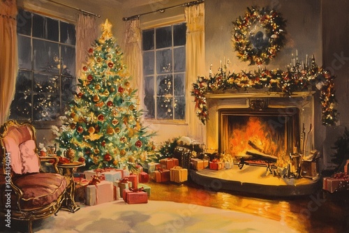ultra quality image of vintage christmas postcard with true paper snowflakes