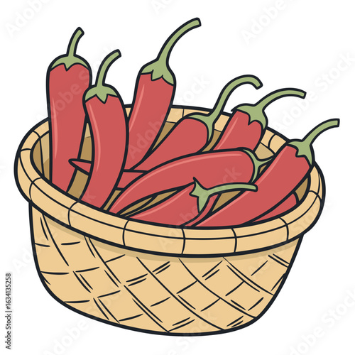 Red chili peppers fill up a light brown woven basket on a white backdrop