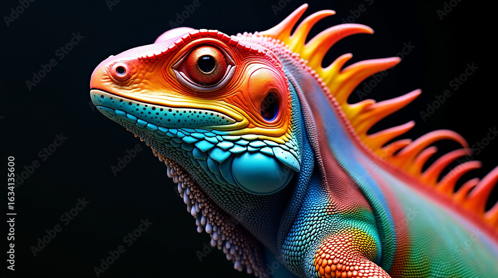 Fototapeta premium Hyperrealistic close-up of a vibrant rainbow-colored lizard with detailed scales, sharp spikes, and vivid hues.