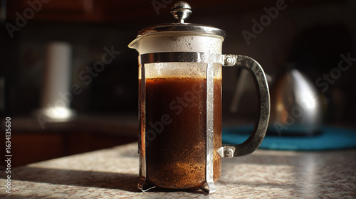 A glass coffee press sits on a speckled countertop, filled with rich, freshly brewed coffee, capturing a moment of caffeinated bliss in a sunlit kitchen.