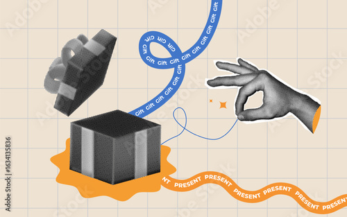 halftone collage Retro style gift illustration with ribbon, present box, and hand gesture. holiday promotions