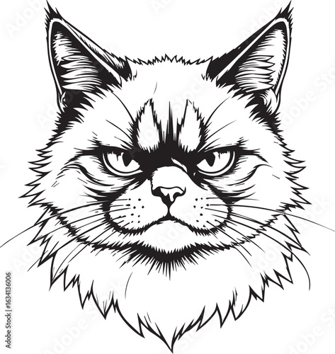 Feline with Attitude: A striking monochrome portrait of a grumpy cat, meticulously rendered with bold lines, conveying a sense of sardonic amusement and independent spirit.