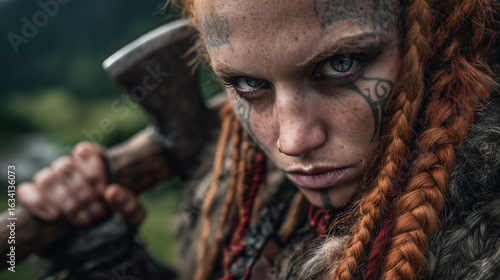 A female viking shield maiden carrying a battle axe, with face tattoos and braided red hair, in a realistic photo portrait style.