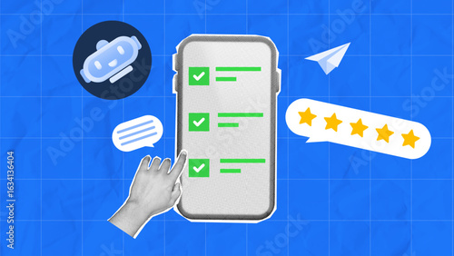 halftone collage, Mobile phone interface with chatbot assist, checklist, hand gesture, and 5-star rating survey giving feedback