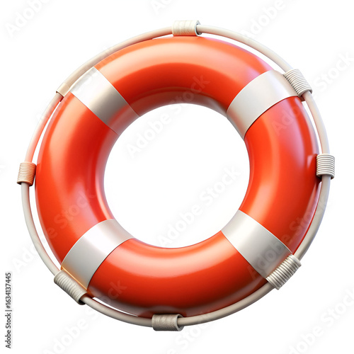 An orange and white lifebuoy or life preserver ring with rope, isolated on a white background