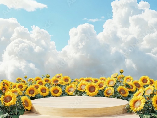 flawless picture of Platform and Natural podium backdrop with sunflower field Cloud and sky background for product display. . high detail 8k