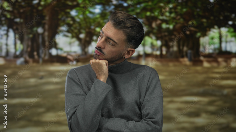 Young hispanic man wearing a gray sweater rests chin on hand seated under broad trees in a green park at midday; contemplation. Young hispanic man wearing a gray sweater rests chin on hand seated under broad trees in a green park at midday; contemplation.